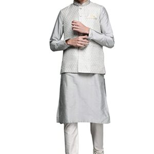 Manyavar Kurta Jacket Set for Men, Full Sleeves Mandarin Collar Ethnic Wear Jacket Set for Festival, Wedding, Party Blended Viscose